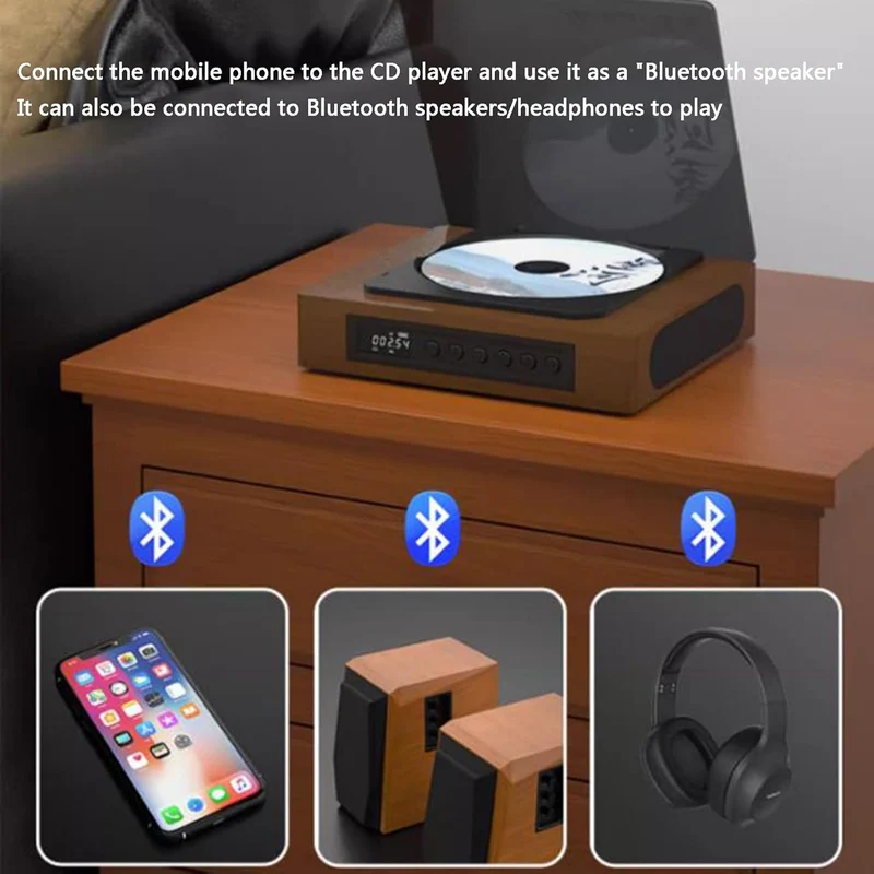 Retro CD Speler Bluetooth Vintage Muziekspeler Met FM Radio En LCD Display | Sansoti
