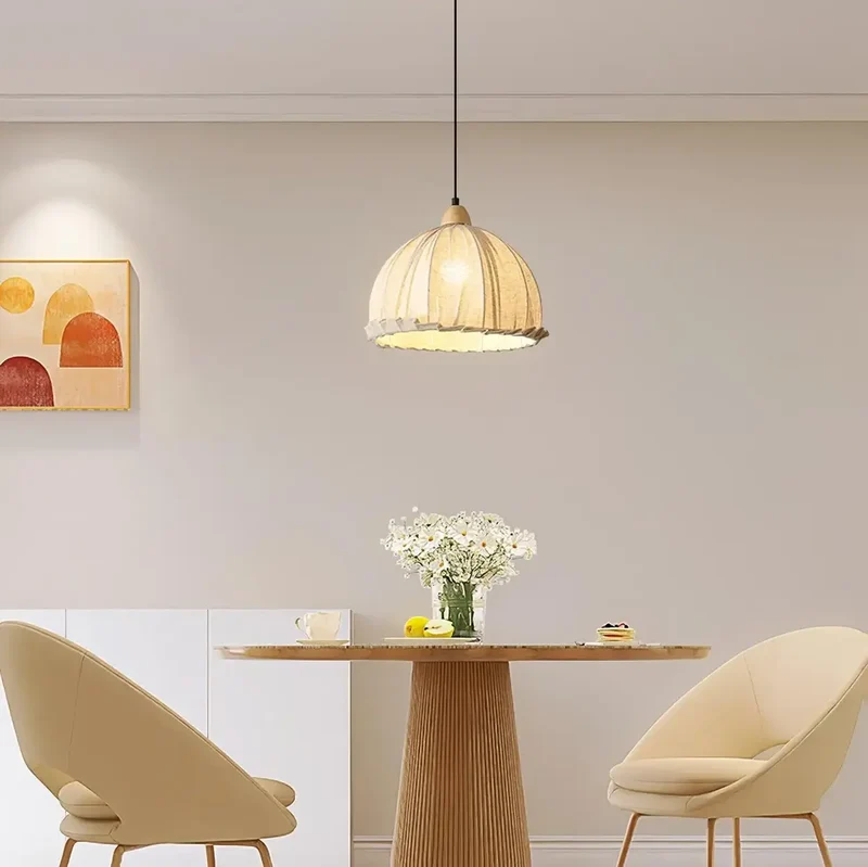 Hanglamp Wabi Sabi Hout En Witte Stoffen Kap Scandinavisch E27 | Sansoti