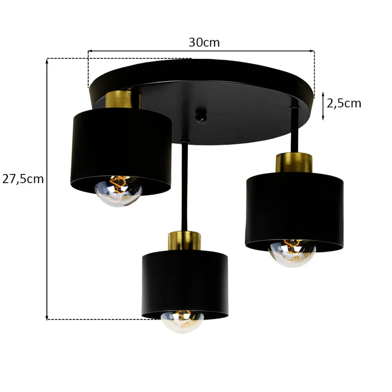 Plafondlamp 3 Lichts Zwart Goud Metaal E27 Ø30cm Modern Design | Sansoti