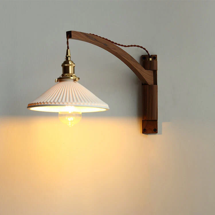 Wandlamp Hout Glas Geplooide Kap E26 Hal Woonkamer Slaapkamer Uitstelbaar Zwenkarm Messing Retro Japandi Sfeerlamp | Sansoti