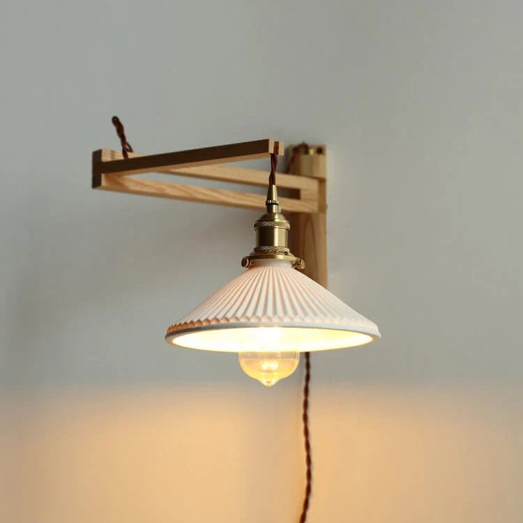 Wandlamp Hout Glas Geplooide Kap E26 Hal Woonkamer Slaapkamer Uitstelbaar Zwenkarm Messing Retro Japandi Sfeerlamp | Sansoti