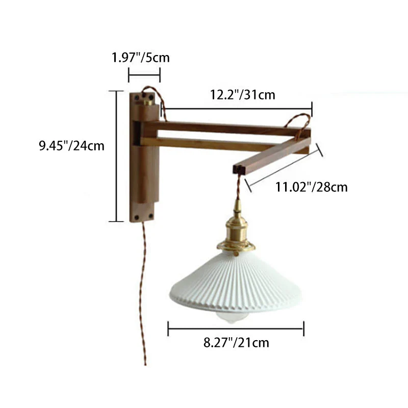 Wandlamp Hout Glas Geplooide Kap E26 Hal Woonkamer Slaapkamer Uitstelbaar Zwenkarm Messing Retro Japandi Sfeerlamp | Sansoti