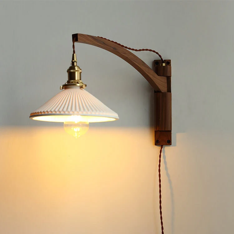 Wandlamp Hout Glas Geplooide Kap E26 Hal Woonkamer Slaapkamer Uitstelbaar Zwenkarm Messing Retro Japandi Sfeerlamp | Sansoti