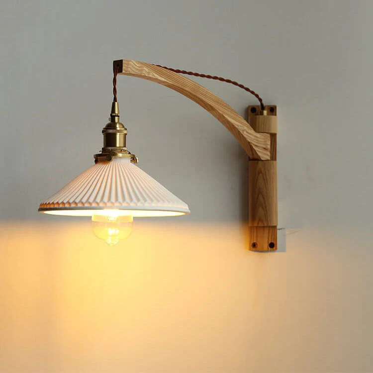 Wandlamp Hout Glas Geplooide Kap E26 Hal Woonkamer Slaapkamer Uitstelbaar Zwenkarm Messing Retro Japandi Sfeerlamp | Sansoti