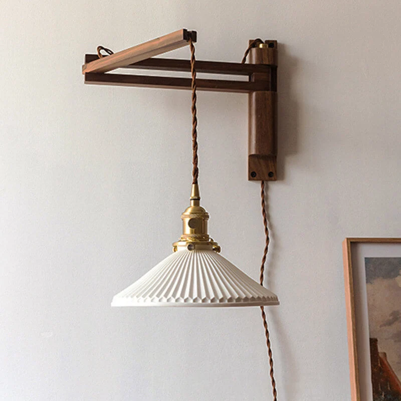 Wandlamp Hout Glas Geplooide Kap E26 Hal Woonkamer Slaapkamer Uitstelbaar Zwenkarm Messing Retro Japandi Sfeerlamp | Sansoti