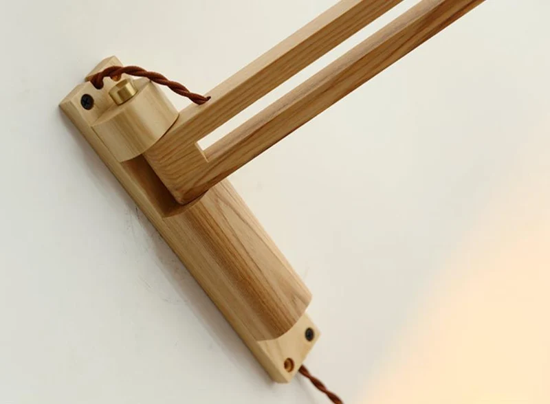 Wandlamp Hout Glas Geplooide Kap E26 Hal Woonkamer Slaapkamer Uitstelbaar Zwenkarm Messing Retro Japandi Sfeerlamp | Sansoti