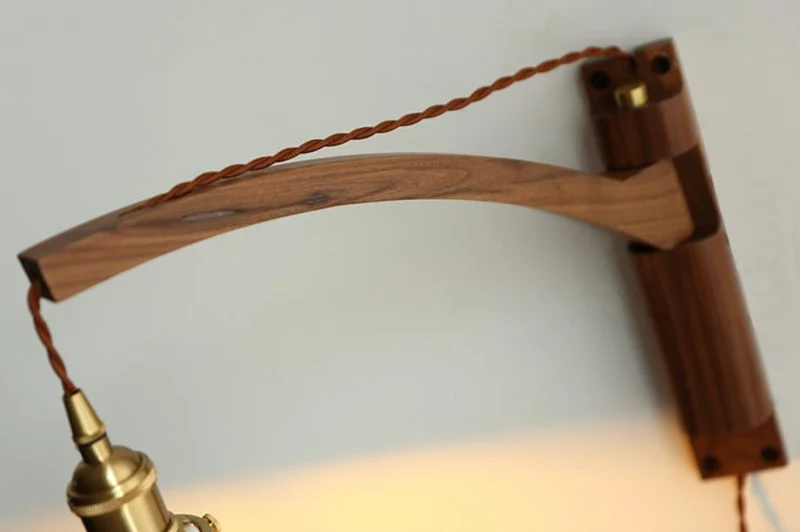 Wandlamp Hout Glas Geplooide Kap E26 Hal Woonkamer Slaapkamer Uitstelbaar Zwenkarm Messing Retro Japandi Sfeerlamp | Sansoti