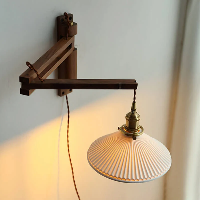 Wandlamp Hout Glas Geplooide Kap E26 Hal Woonkamer Slaapkamer Uitstelbaar Zwenkarm Messing Retro Japandi Sfeerlamp | Sansoti