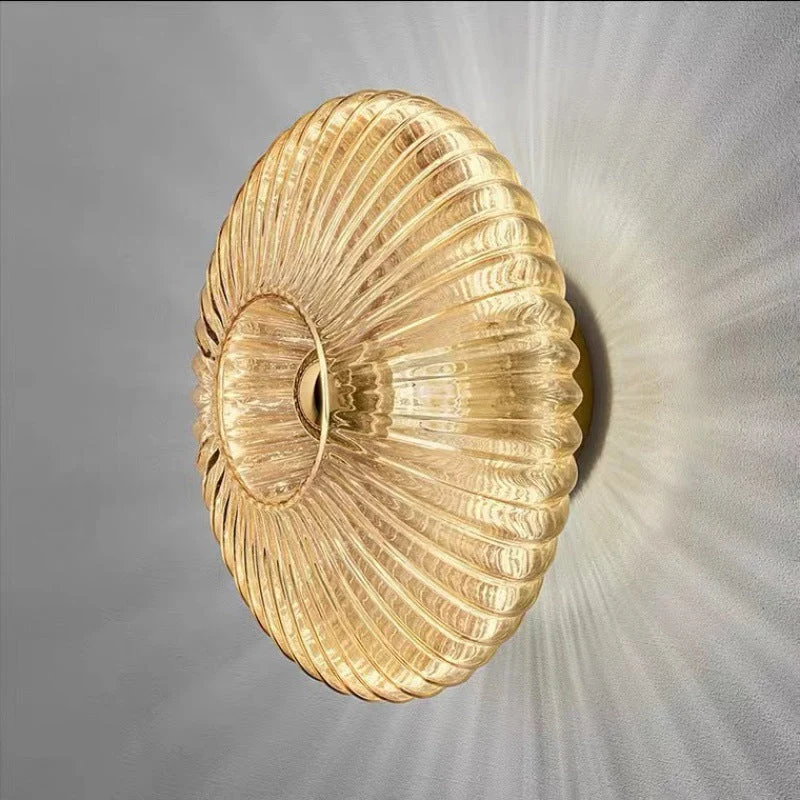 Wandlamp Geribbeld Glas Cognac Goud Messing Woonkamer Slaapkamer Hal Plafondlamp Schelp Retro Art Deco Wandverlichting | Sansoti