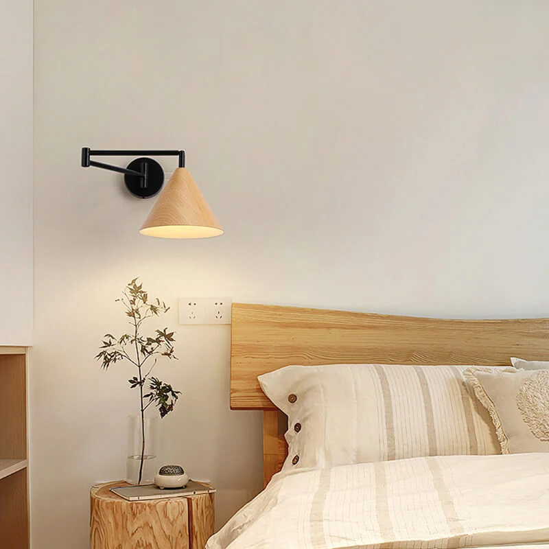 Wandlamp Zwenkarm IJzer Conische Kap Walnoot Houtkleur E26 18x14cm Slaapkamer Leeslamp | Sansoti
