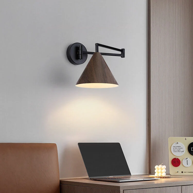 Wandlamp Zwenkarm IJzer Conische Kap Walnoot Houtkleur E26 18x14cm Slaapkamer Leeslamp | Sansoti