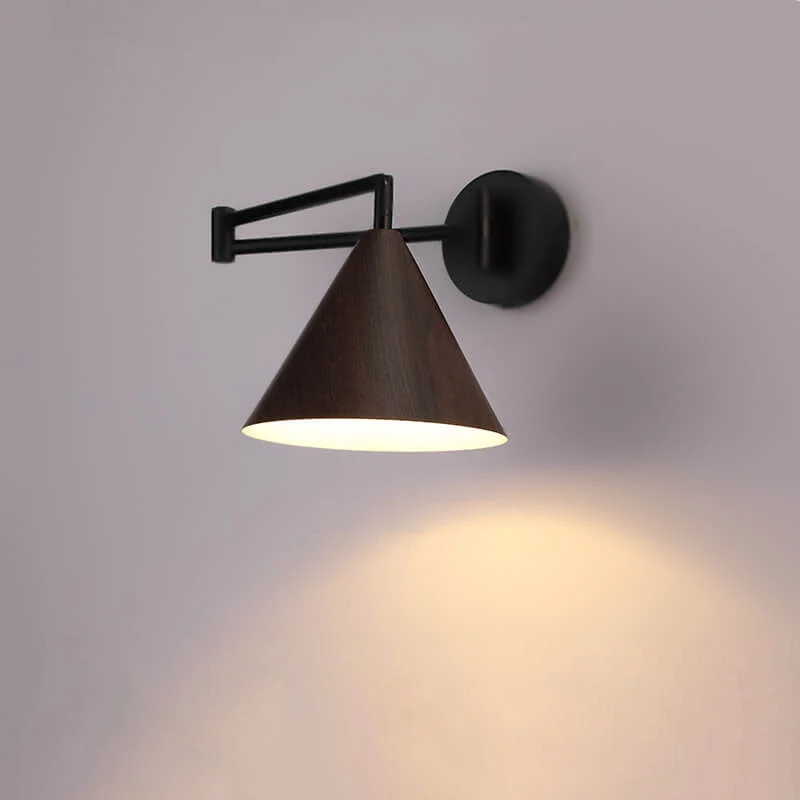 Wandlamp Zwenkarm IJzer Conische Kap Walnoot Houtkleur E26 18x14cm Slaapkamer Leeslamp | Sansoti