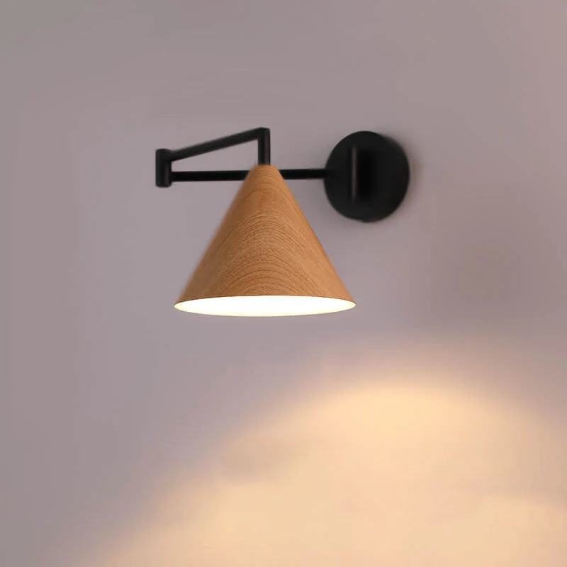 Wandlamp Zwenkarm IJzer Conische Kap Walnoot Houtkleur E26 18x14cm Slaapkamer Leeslamp | Sansoti