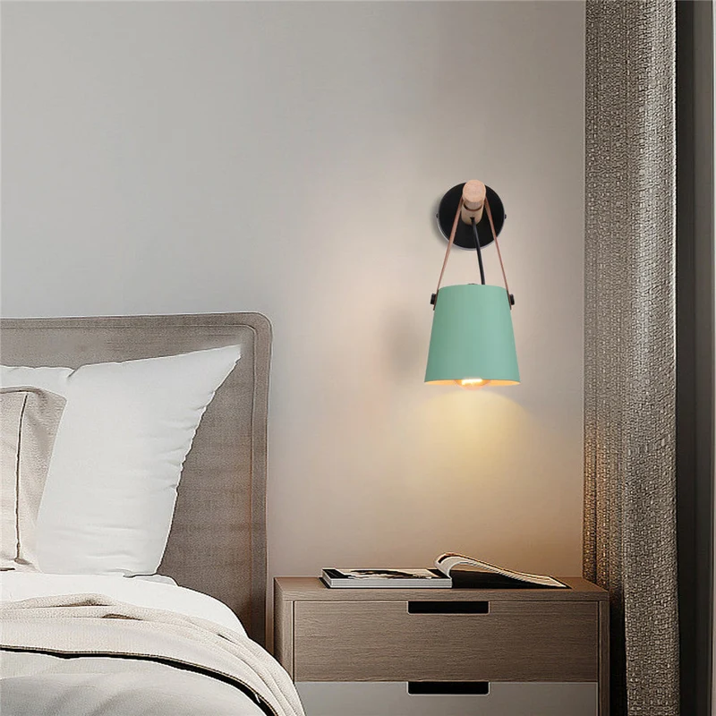 Wandlamp Kegel Hout IJzer Leren Band E27 Industrieel Zwart Wit Woonkamer | Sansoti