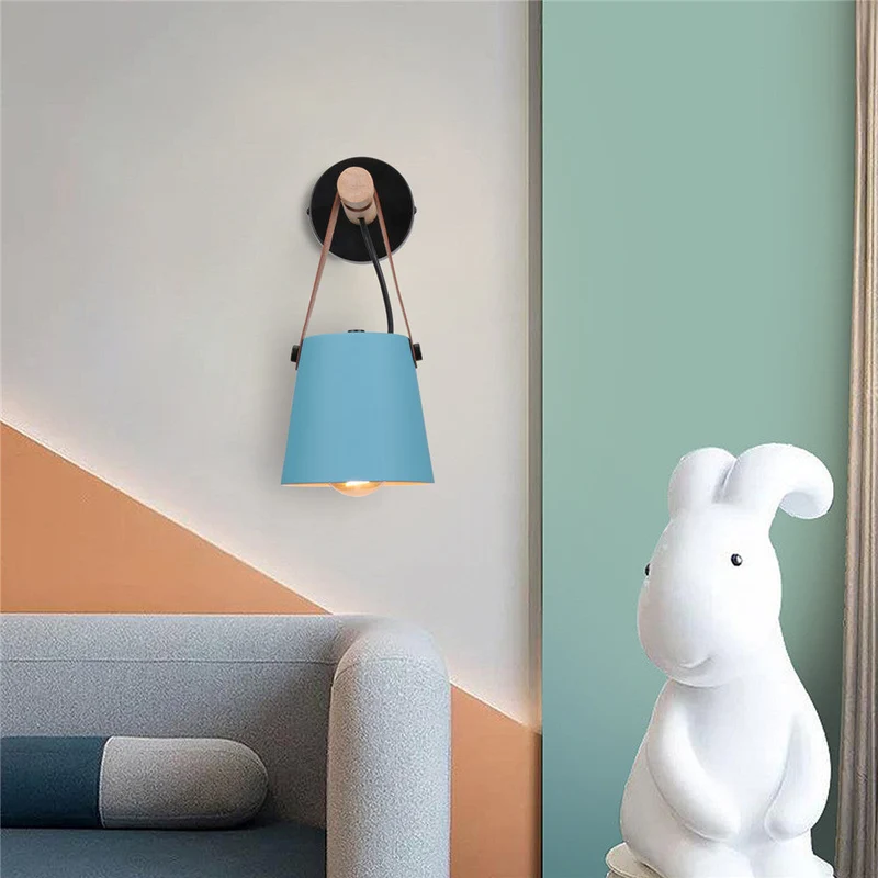 Wandlamp Kegel Hout IJzer Leren Band E27 Industrieel Zwart Wit Woonkamer | Sansoti