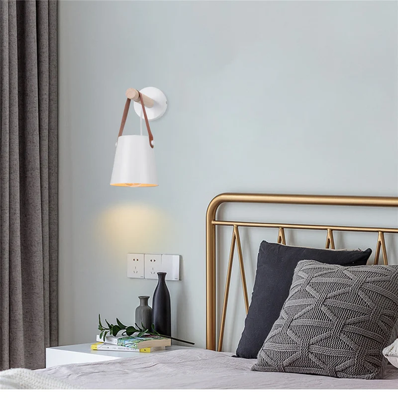Wandlamp Kegel Hout IJzer Leren Band E27 Industrieel Zwart Wit Woonkamer | Sansoti