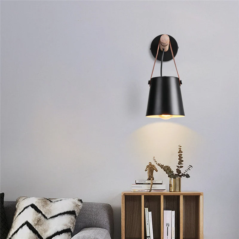 Wandlamp Kegel Hout IJzer Leren Band E27 Industrieel Zwart Wit Woonkamer | Sansoti