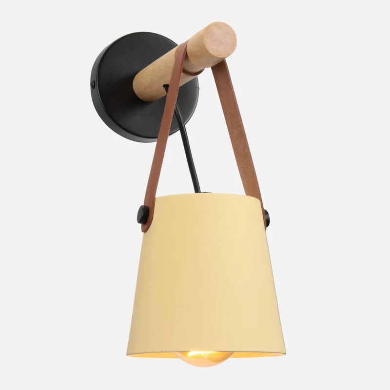 Wandlamp Kegel Hout IJzer Leren Band E27 Industrieel Zwart Wit Woonkamer | Sansoti