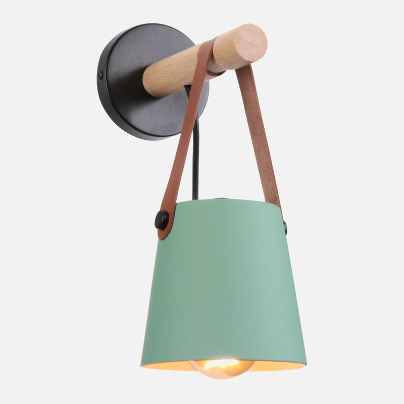 Wandlamp Kegel Hout IJzer Leren Band E27 Industrieel Zwart Wit Woonkamer | Sansoti