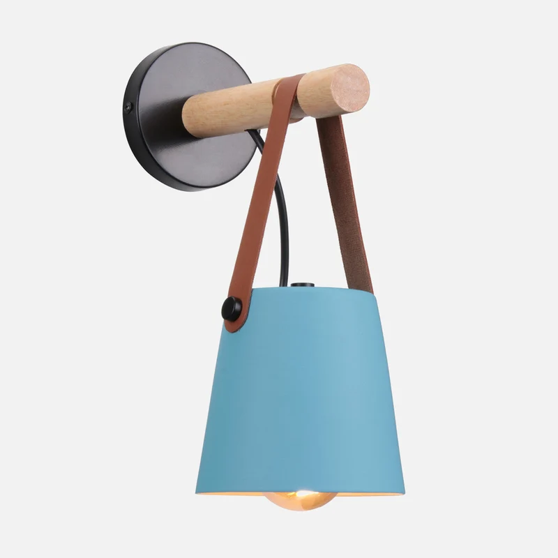 Wandlamp Kegel Hout IJzer Leren Band E27 Industrieel Zwart Wit Woonkamer | Sansoti