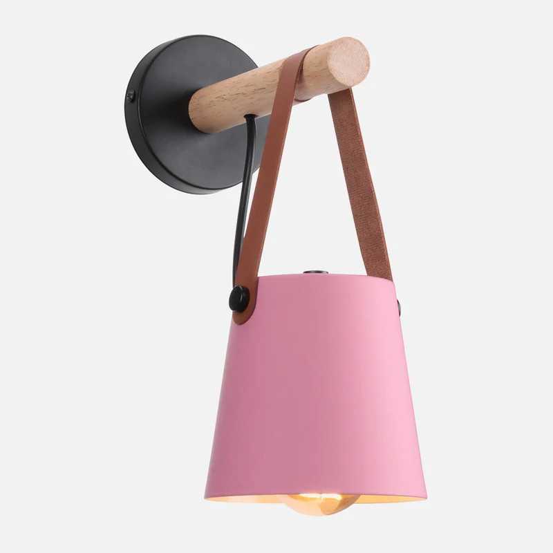 Wandlamp Kegel Hout IJzer Leren Band E27 Industrieel Zwart Wit Woonkamer | Sansoti