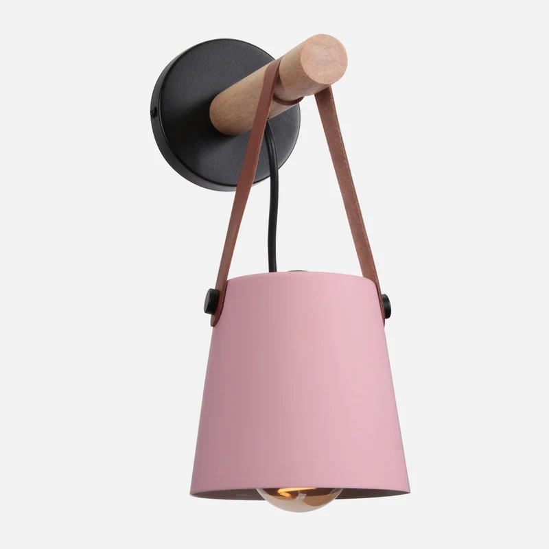 Wandlamp Kegel Hout IJzer Leren Band E27 Industrieel Zwart Wit Woonkamer | Sansoti