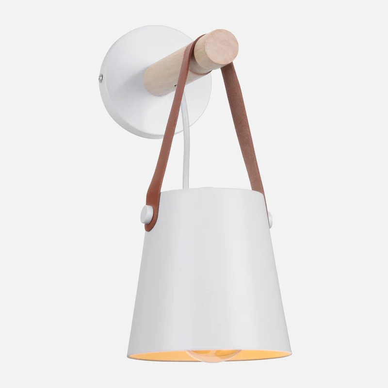 Wandlamp Kegel Hout IJzer Leren Band E27 Industrieel Zwart Wit Woonkamer | Sansoti
