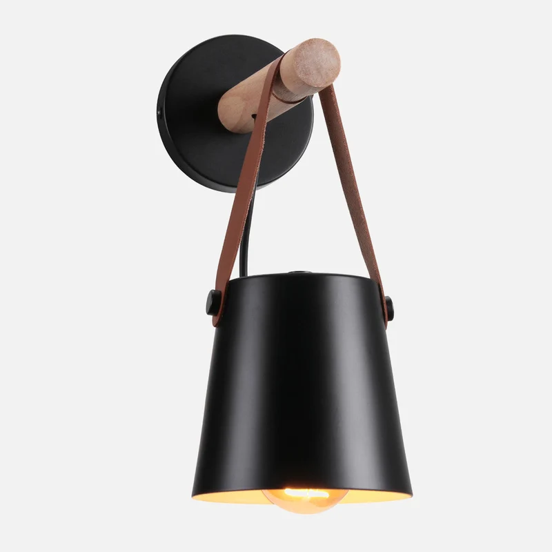 Wandlamp Kegel Hout IJzer Leren Band E27 Industrieel Zwart Wit Woonkamer | Sansoti