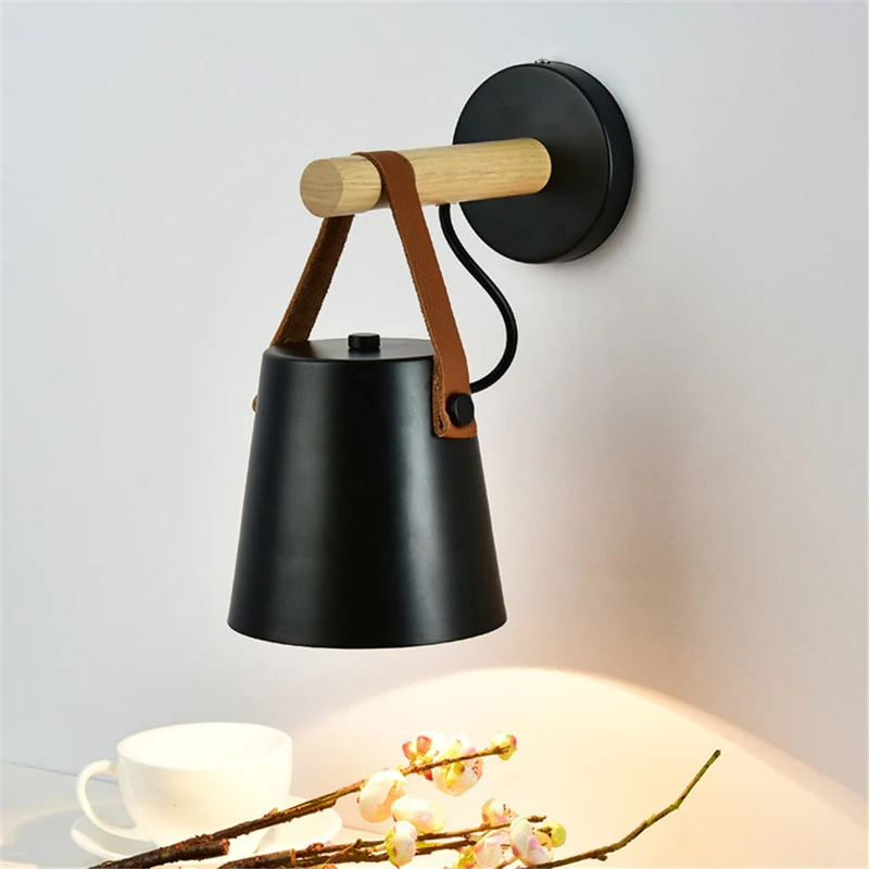 Wandlamp Kegel Hout IJzer Leren Band E27 Industrieel Zwart Wit Woonkamer | Sansoti