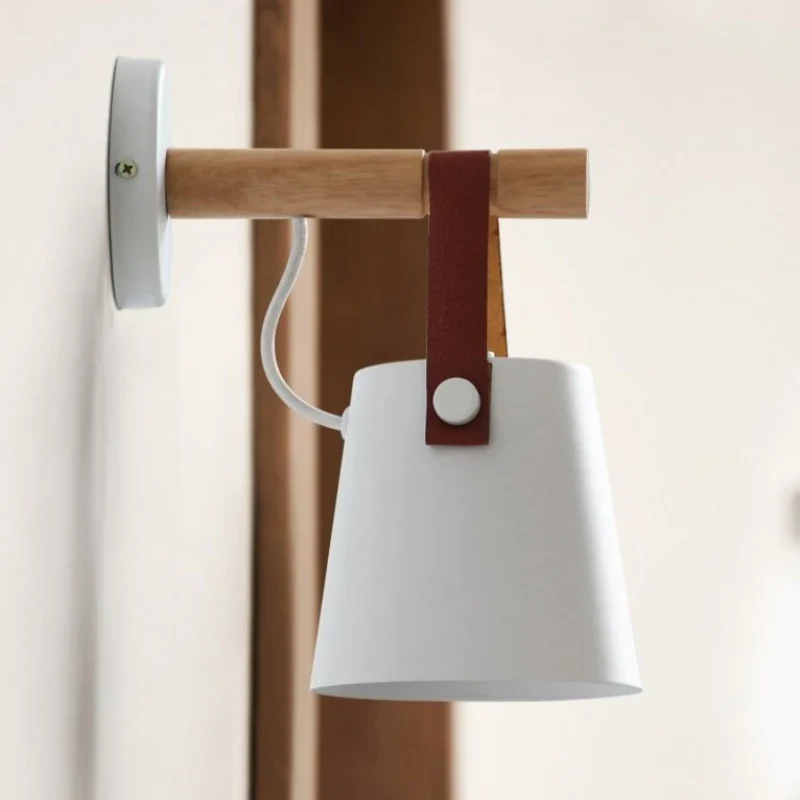 Wandlamp Kegel Hout IJzer Leren Band E27 Industrieel Zwart Wit Woonkamer | Sansoti