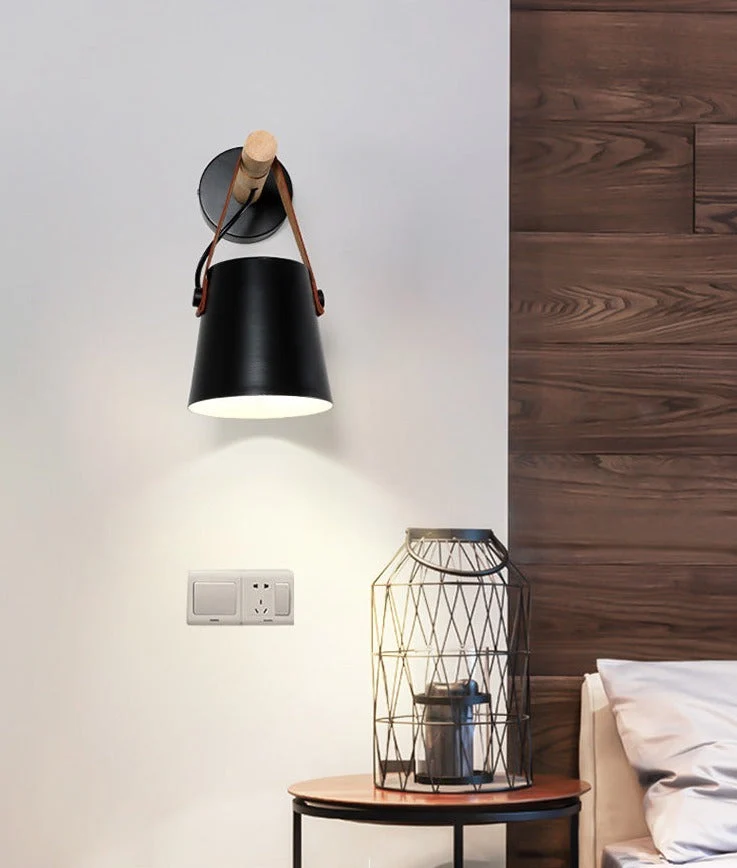 Wandlamp Kegel Hout IJzer Leren Band E27 Industrieel Zwart Wit Woonkamer | Sansoti