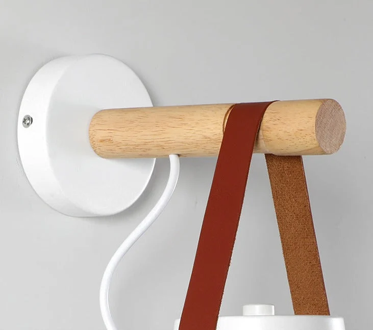 Wandlamp Kegel Hout IJzer Leren Band E27 Industrieel Zwart Wit Woonkamer | Sansoti