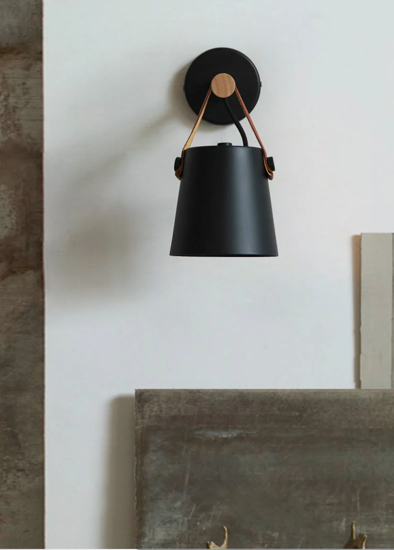 Wandlamp Kegel Hout IJzer Leren Band E27 Industrieel Zwart Wit Woonkamer | Sansoti