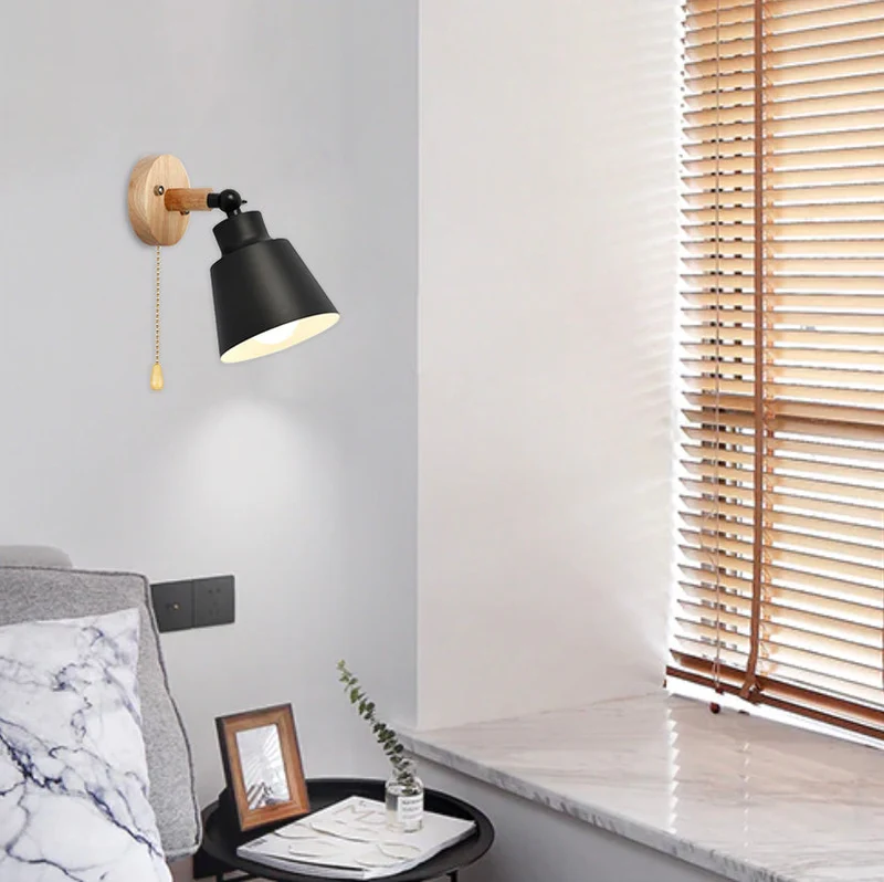 Wandlamp Hout Metaal Trekschakelaar Draaibaar E27 Mid-Century Slaapkamer Woonkamer | Sansoti