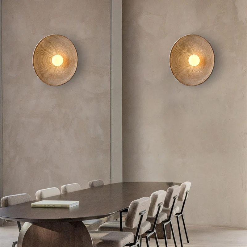 Japandi Wandlamp Hout Glas Rond Retro Vintage 27cm Woonkamer Slaapkamer Hal | Sansoti
