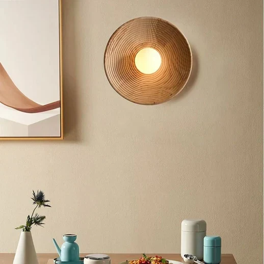 Japandi Wandlamp Hout Glas Rond Retro Vintage 27cm Woonkamer Slaapkamer Hal | Sansoti