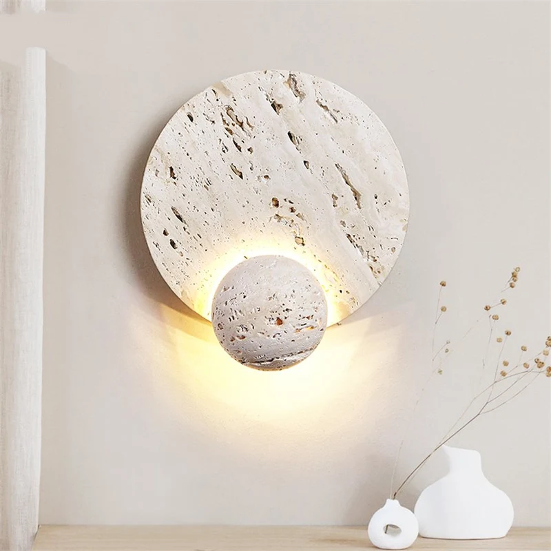 Japandi Wandlamp Travertijn Rond Eclipse Bol Warm Licht Slaapkamer Woonkamer Natuursteen | Sansoti