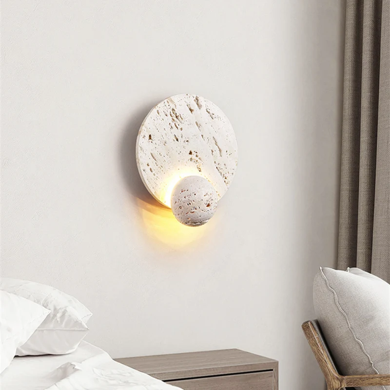 Japandi Wandlamp Travertijn Rond Eclipse Bol Warm Licht Slaapkamer Woonkamer Natuursteen | Sansoti