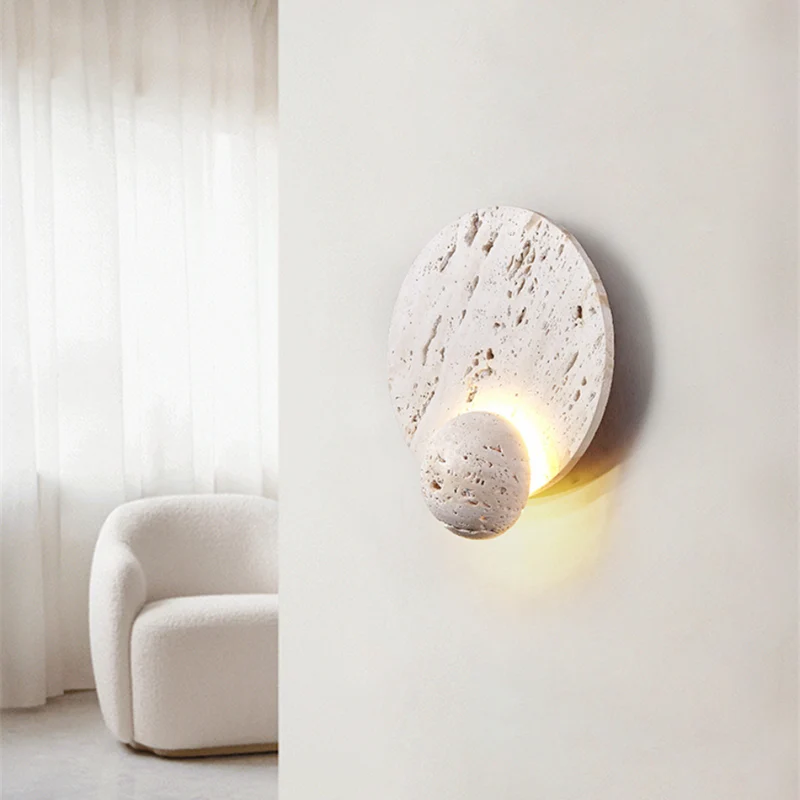 Japandi Wandlamp Travertijn Rond Eclipse Bol Warm Licht Slaapkamer Woonkamer Natuursteen | Sansoti