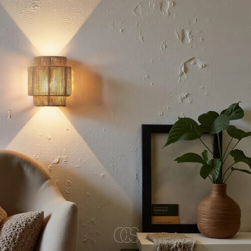 Rieten Wandlamp Boho Handgevlochten E27 Sfeervol Schaduwspel Slaapkamer Woonkamer Naturel | Sansoti