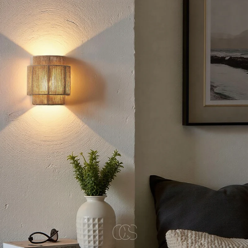 Rieten Wandlamp Boho Handgevlochten E27 Sfeervol Schaduwspel Slaapkamer Woonkamer Naturel | Sansoti