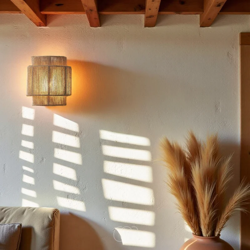 Rieten Wandlamp Boho Handgevlochten E27 Sfeervol Schaduwspel Slaapkamer Woonkamer Naturel | Sansoti