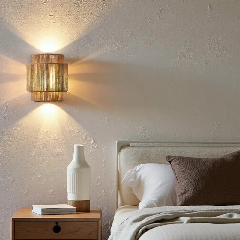 Rieten Wandlamp Boho Handgevlochten E27 Sfeervol Schaduwspel Slaapkamer Woonkamer Naturel | Sansoti