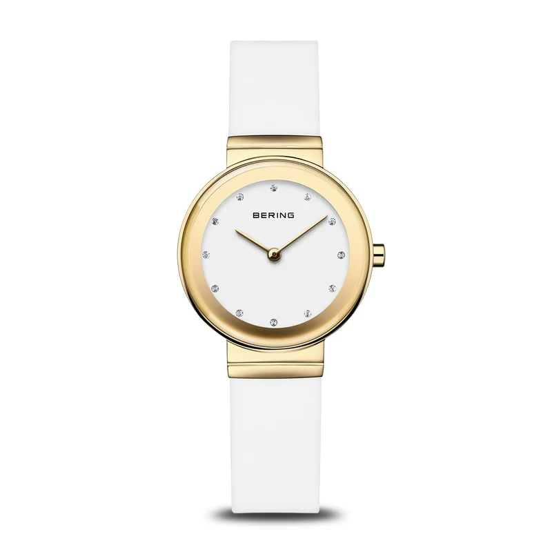 Bering Classic 10129-934 Damenuhr Goldfarben • Saphirglas • Weißes Silikonarmband