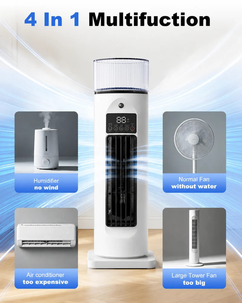 Mobiele 4-in-1 Kamerkoeler met Afstandsbediening Timer en Wielen voor Slaapkamer Kantoor Woonkamer Verkoeling | Sansoti