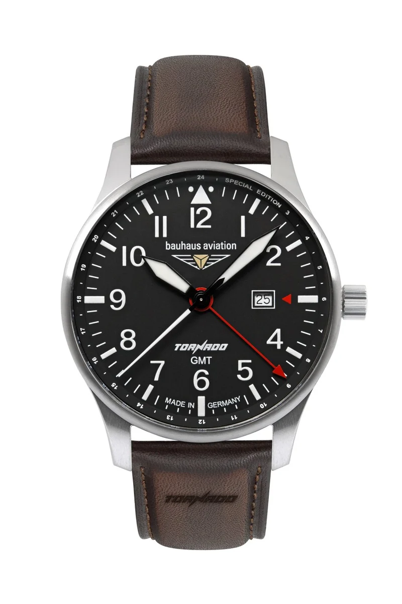 Bauhaus Aviation GMT 2744-2 Herren Armbanduhr Braun/Schwarz • Schweizer Quarzwerk • GMT-Funktion