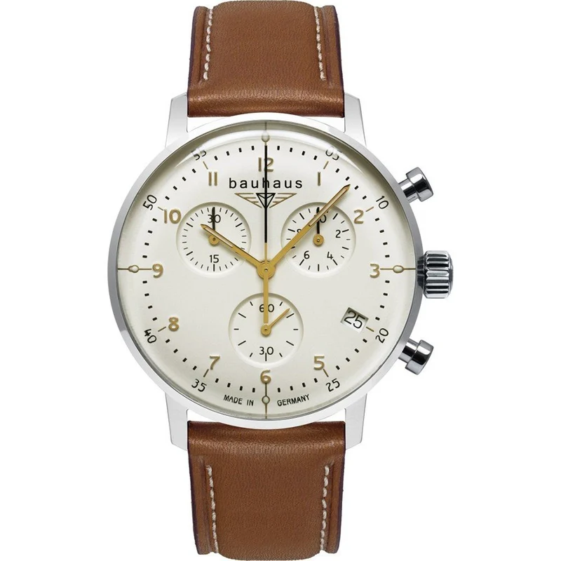 Bauhaus Dessau 2096-1 Herren Armbanduhr Weiß • Quarz-Chronograph mit ETA-Uhrwerk • Mineralglas