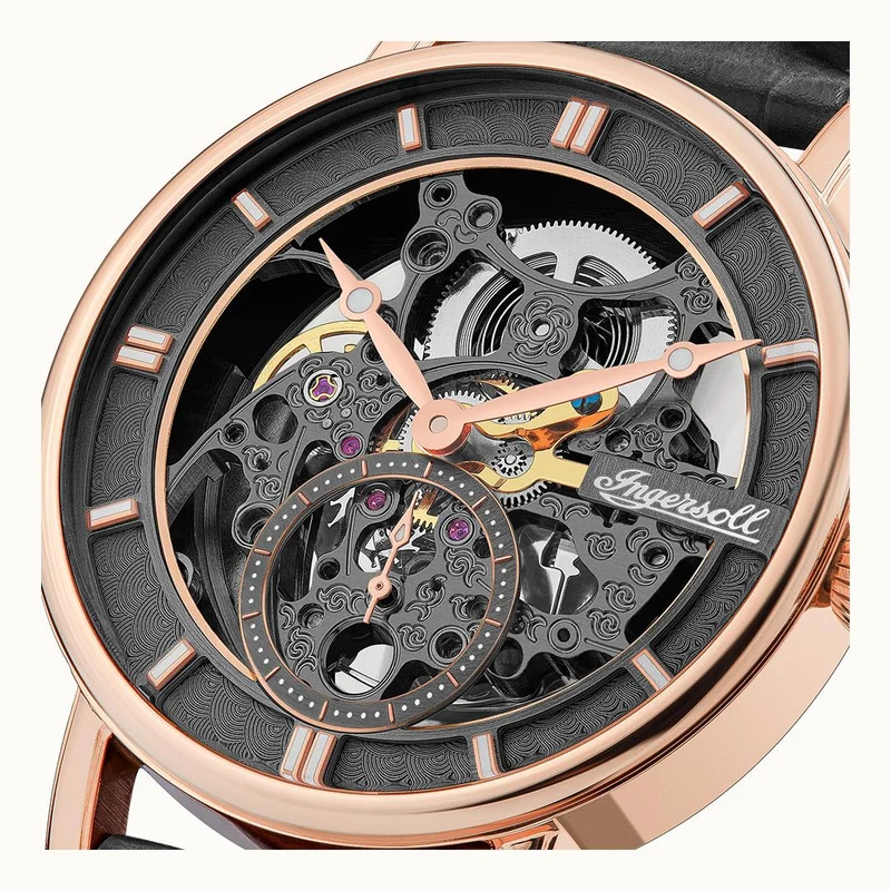 Ingersoll 1892 The Herald I00403B Herren Armbanduhr Schwarz • Skelettwerk • Roségold-Edelstahlgehäuse