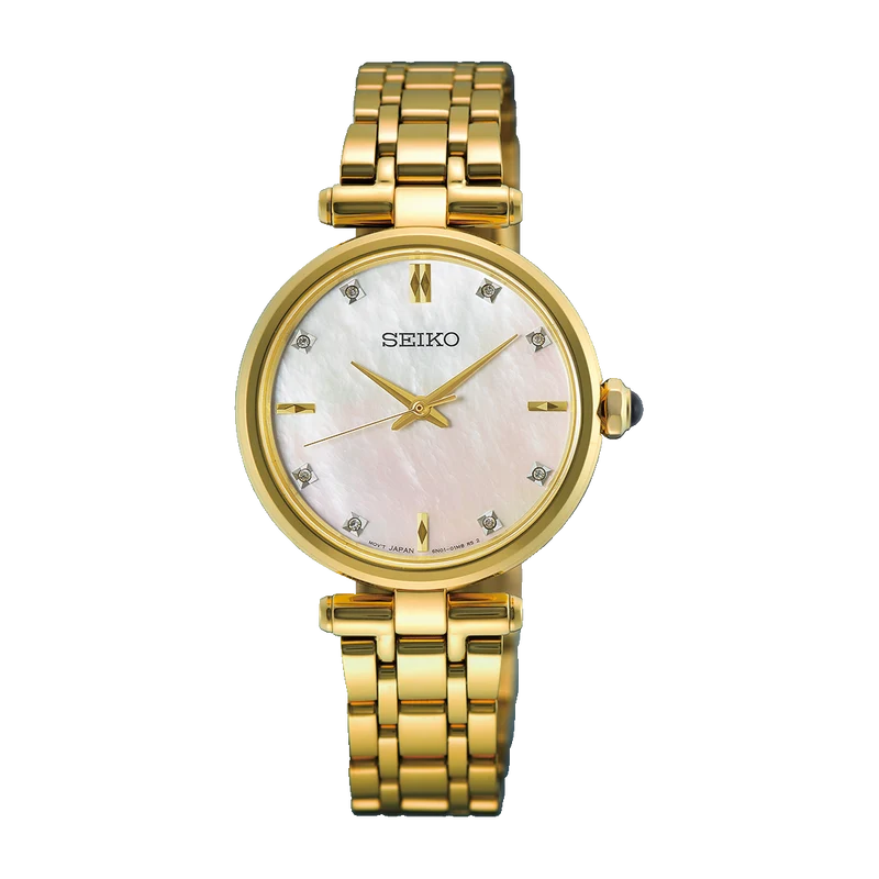 Seiko HGH008P1 Damen Armbanduhr Goldfarben • Saphirglas • Perlmutt-Zifferblatt mit Diamanten