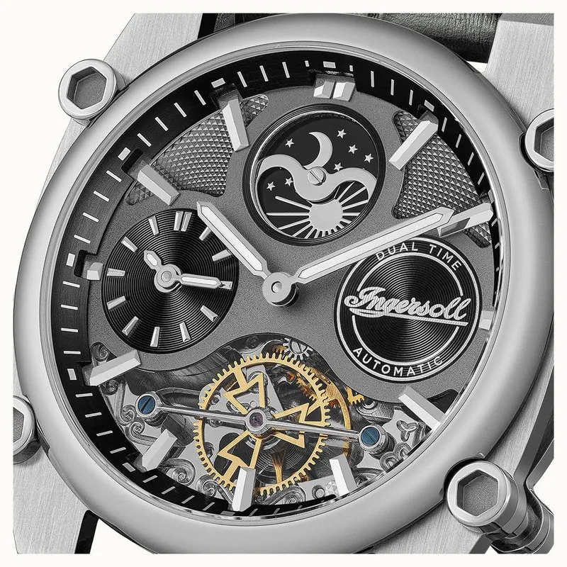 Ingersoll 1892 The Varsity I15402 Herren Armbanduhr Grau • Automatikwerk • Skelett-Zifferblatt mit Mond-/Sonnenphase